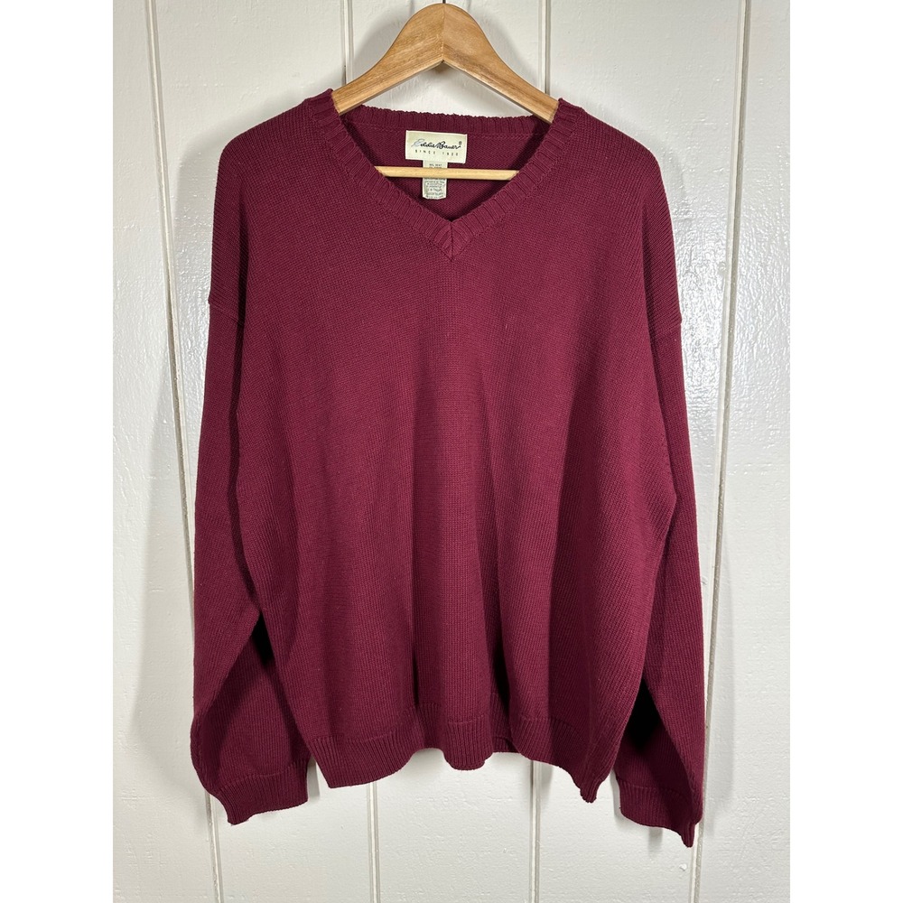 Eddie Bauer Sweater Mens XL Maroon V-Neck Cotton Knit Long Sleeve Pullover